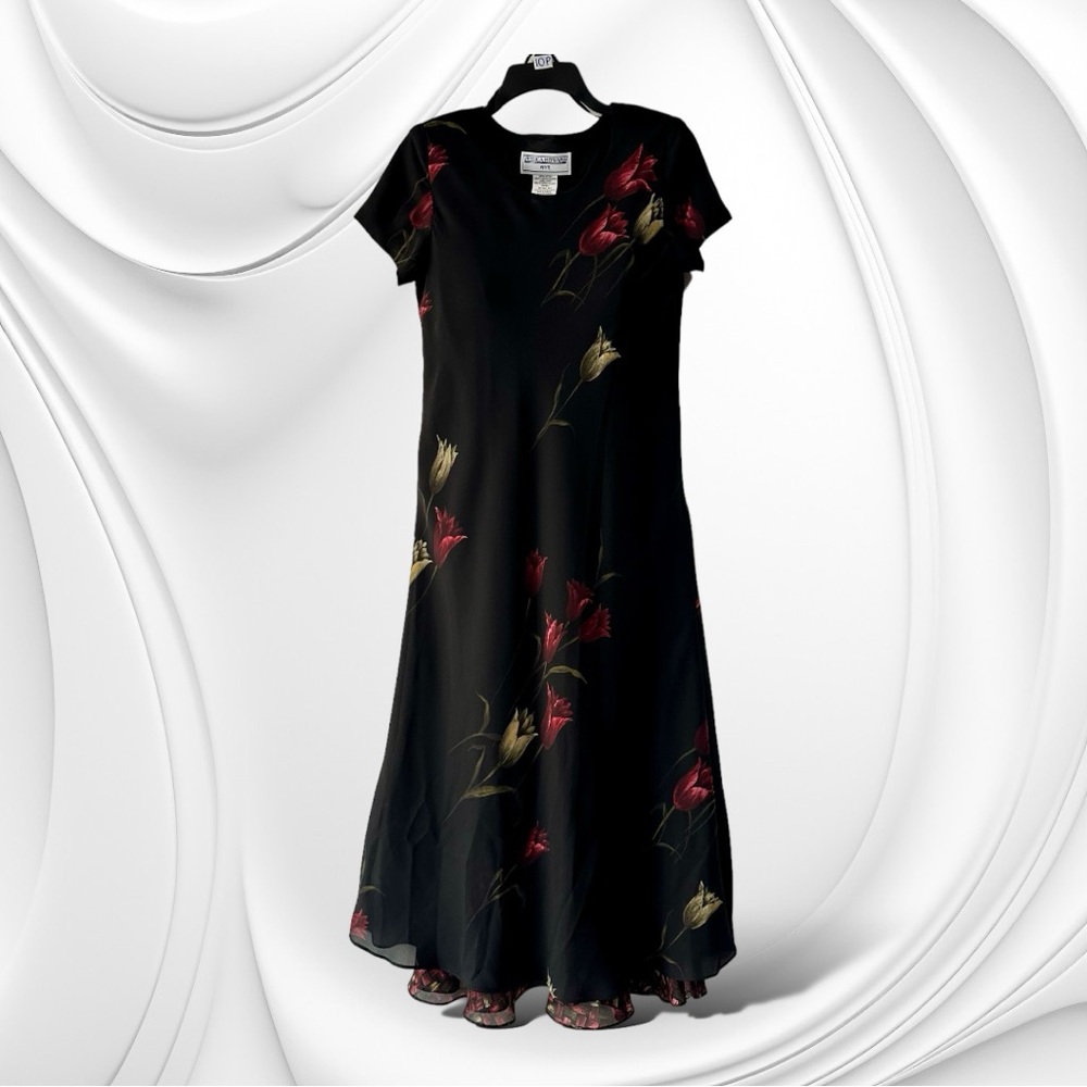 Jessica Howard Women Chiffon Lined Maxi Ruffle Black Dress 10P